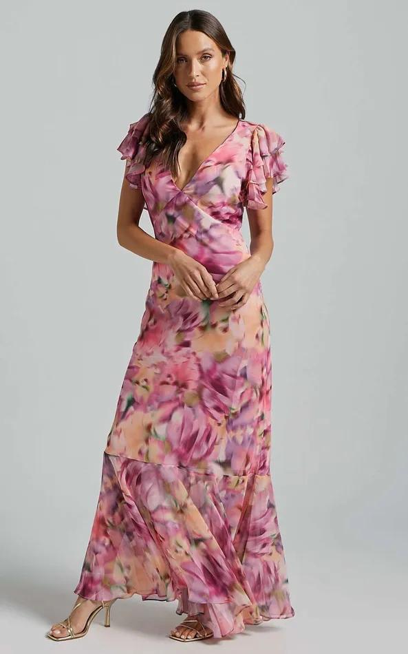 Showpo Jasmine Maxi Dress 8211 Plunge Neck Short Flutter Sleeve Frill Hem Mermaid In Pink Floral Women Dresses Showpo Jasmine Maxi Dress 8211 Plunge Neck Short Flutter Sleeve Frill Hem Mermaid In Pink Floral Women Dresses