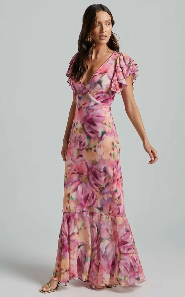 Showpo Jasmine Maxi Dress 8211 Plunge Neck Short Flutter Sleeve Frill Hem Mermaid In Pink Floral Women Dresses