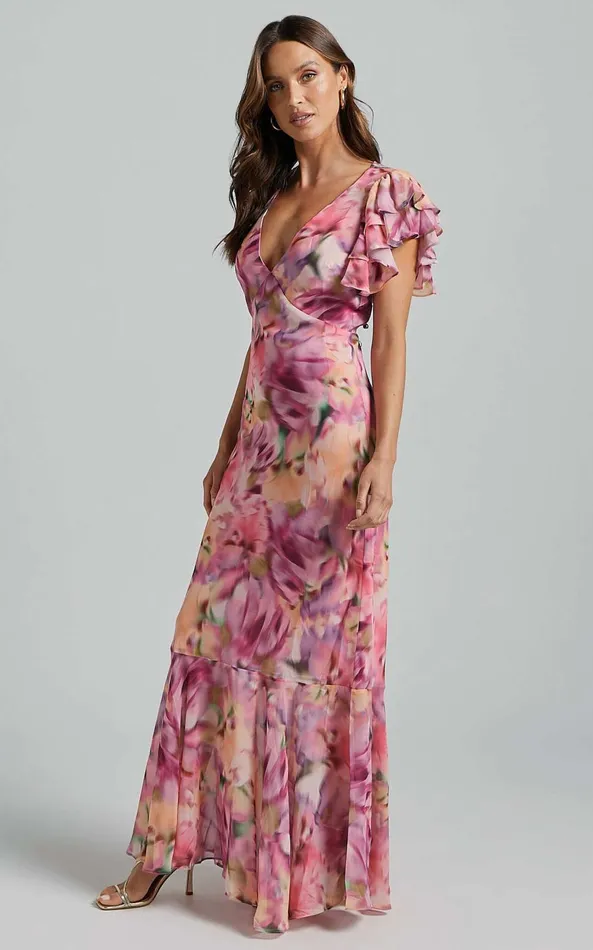 Showpo Jasmine Maxi Dress 8211 Plunge Neck Short Flutter Sleeve Frill Hem Mermaid In Pink Floral Women Dresses