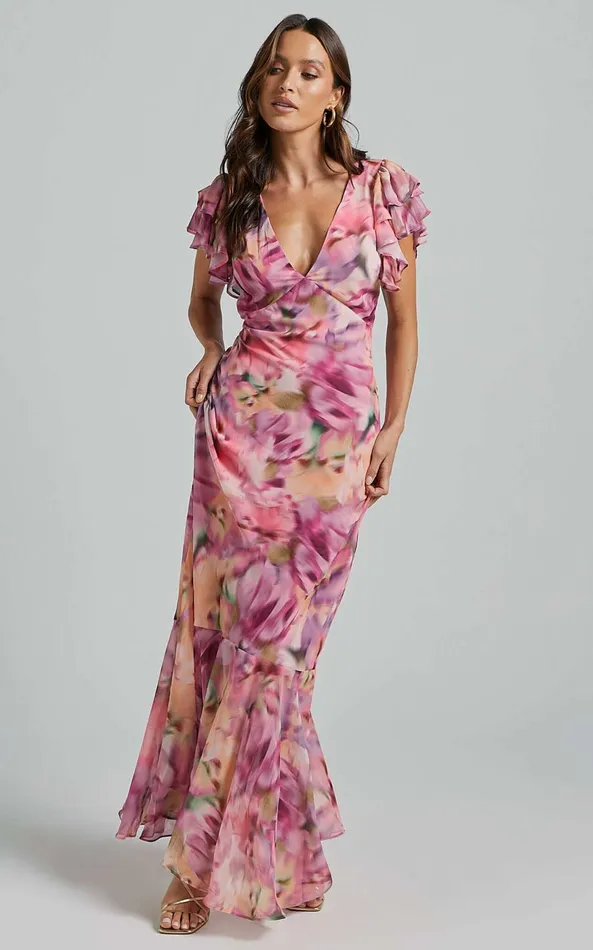 Showpo Jasmine Maxi Dress 8211 Plunge Neck Short Flutter Sleeve Frill Hem Mermaid In Pink Floral Women Dresses