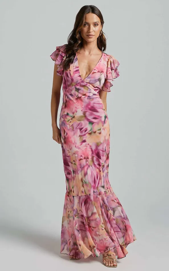 Showpo Jasmine Maxi Dress 8211 Plunge Neck Short Flutter Sleeve Frill Hem Mermaid In Pink Floral Women Dresses