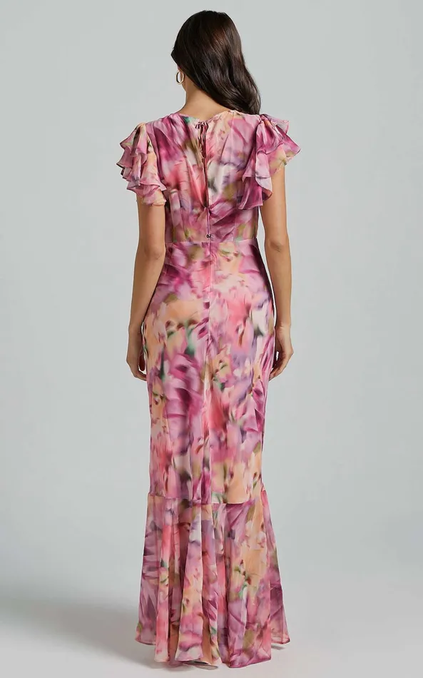Showpo Jasmine Maxi Dress 8211 Plunge Neck Short Flutter Sleeve Frill Hem Mermaid In Pink Floral Women Dresses