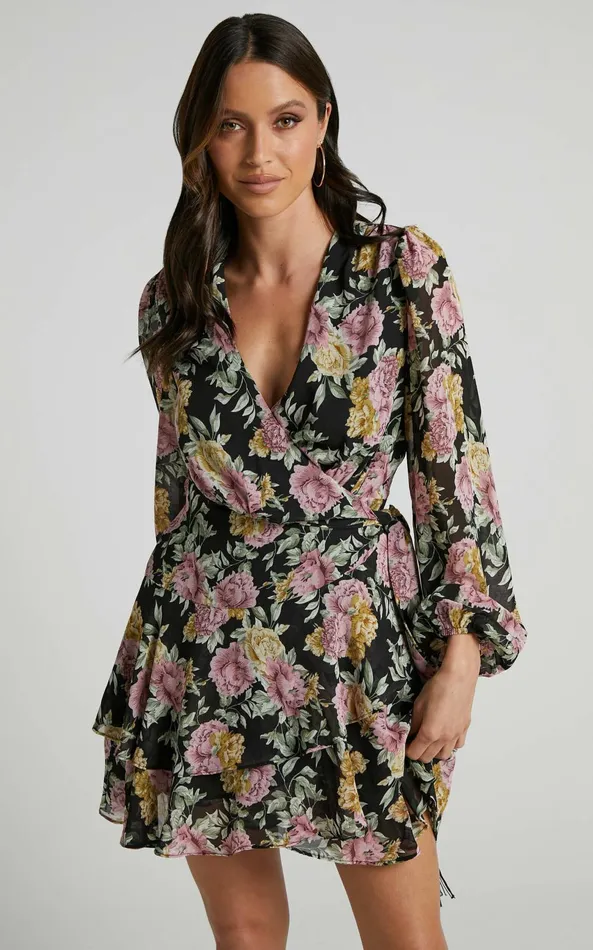 Showpo Jaspha Mini Dress 8211 Sheer Detail Ruffle Skirt V Neck Dress In Black Floral Women Dresses Showpo Jaspha Mini Dress 8211 Sheer Detail Ruffle Skirt V Neck Dress In Black Floral Women Dresses