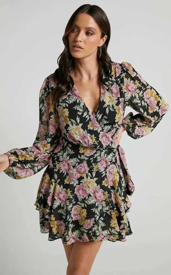 Showpo Jaspha Mini Dress 8211 Sheer Detail Ruffle Skirt V Neck Dress In Black Floral Women Dresses