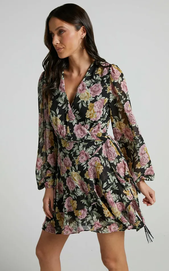 Showpo Jaspha Mini Dress 8211 Sheer Detail Ruffle Skirt V Neck Dress In Black Floral Women Dresses