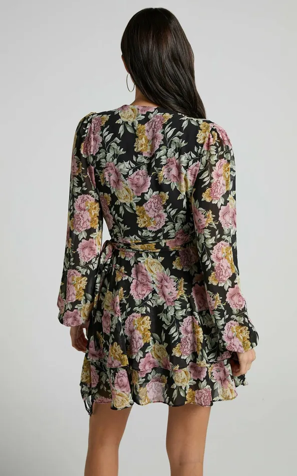 Showpo Jaspha Mini Dress 8211 Sheer Detail Ruffle Skirt V Neck Dress In Black Floral Women Dresses