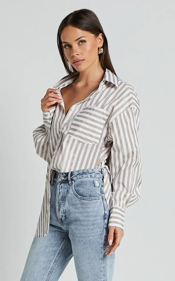 Showpo Jaycey Shirt 8211 Long Sleeve Pocket Detail Shirt In Beige Stripe Women Curve Clothes Showpo Jaycey Shirt 8211 Long Sleeve Pocket Detail Shirt In Beige Stripe Women Curve Clothes