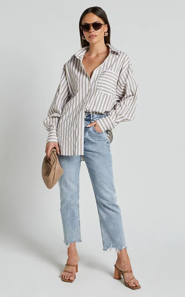 Showpo Jaycey Shirt 8211 Long Sleeve Pocket Detail Shirt In Beige Stripe Women Curve Clothes