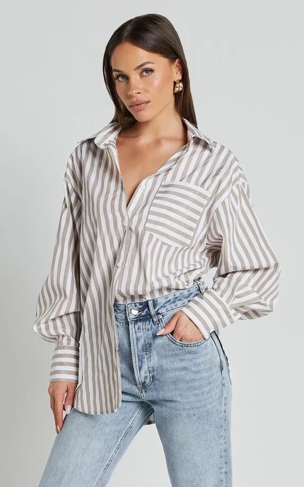 Showpo Jaycey Shirt 8211 Long Sleeve Pocket Detail Shirt In Beige Stripe Women Curve Clothes