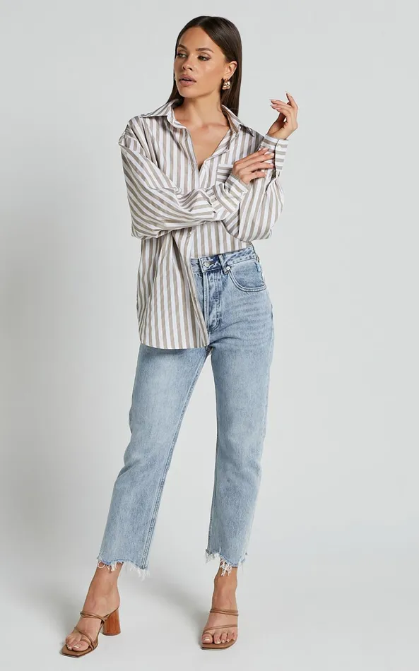 Showpo Jaycey Shirt 8211 Long Sleeve Pocket Detail Shirt In Beige Stripe Women Curve Clothes