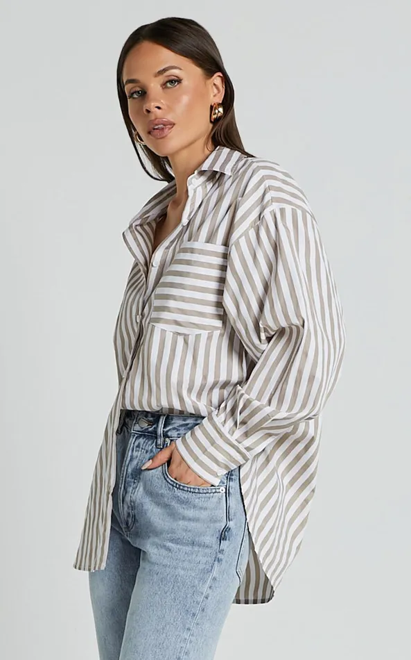 Showpo Jaycey Shirt 8211 Long Sleeve Pocket Detail Shirt In Beige Stripe Women Curve Clothes