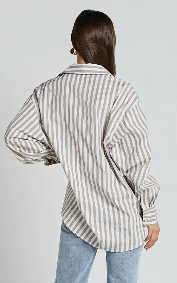 Showpo Jaycey Shirt 8211 Long Sleeve Pocket Detail Shirt In Beige Stripe Women Curve Clothes