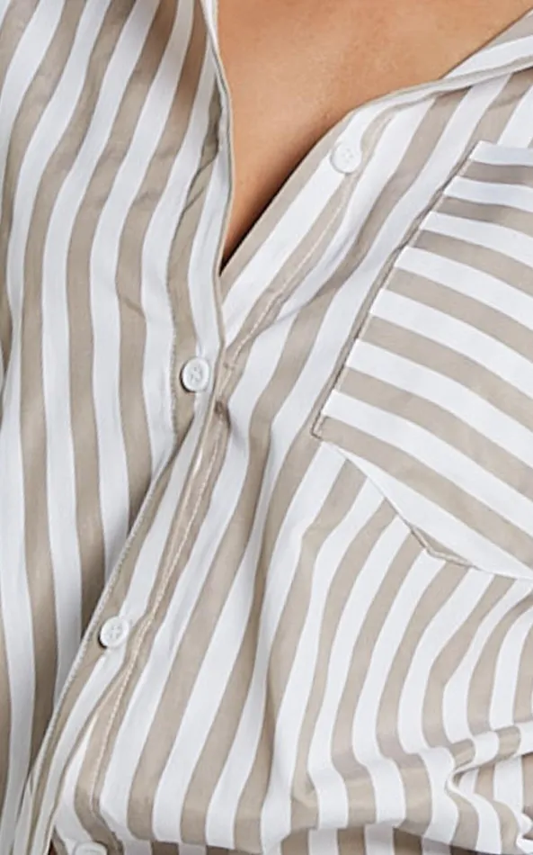 Showpo Jaycey Shirt 8211 Long Sleeve Pocket Detail Shirt In Beige Stripe Women Curve Clothes