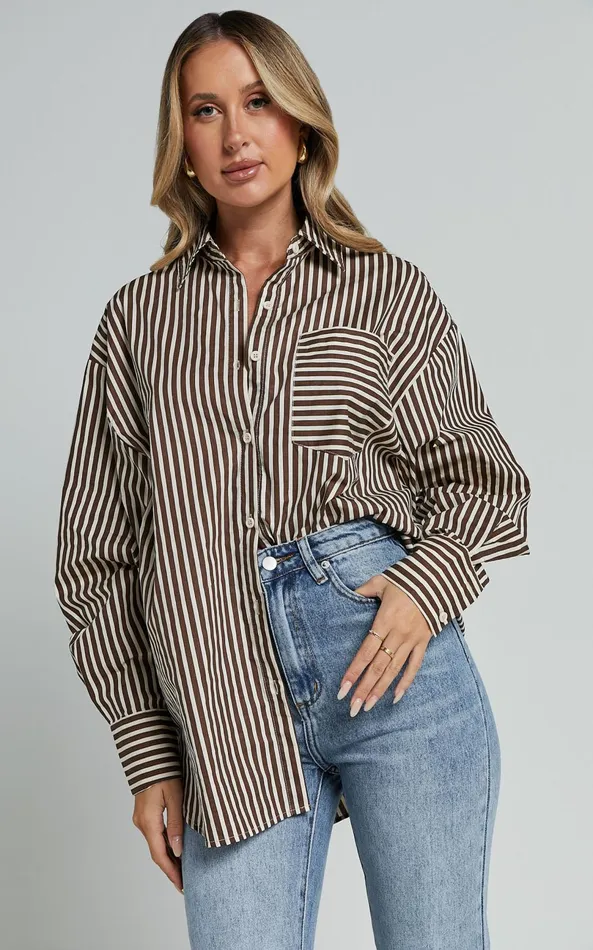 Showpo Jaycey Shirt 8211 Long Sleeve Pocket Detail Shirt In Brown Stripe Women Curve Clothes