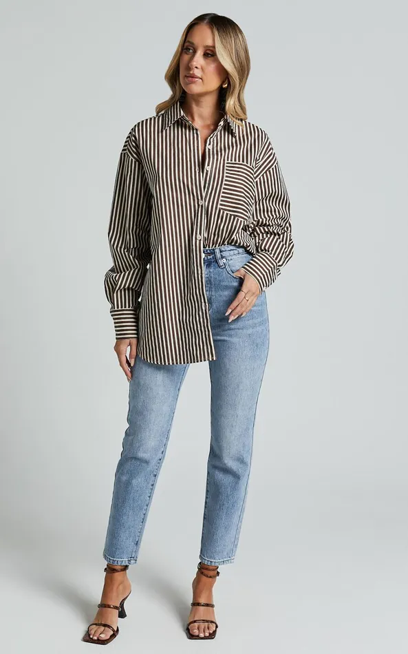 Showpo Jaycey Shirt 8211 Long Sleeve Pocket Detail Shirt In Brown Stripe Women Curve Clothes
