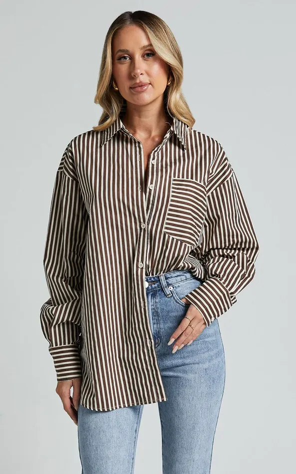Showpo Jaycey Shirt 8211 Long Sleeve Pocket Detail Shirt In Brown Stripe Women Curve Clothes