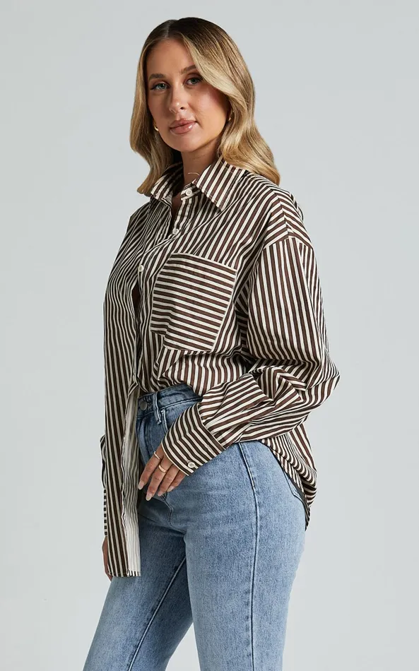 Showpo Jaycey Shirt 8211 Long Sleeve Pocket Detail Shirt In Brown Stripe Women Curve Clothes