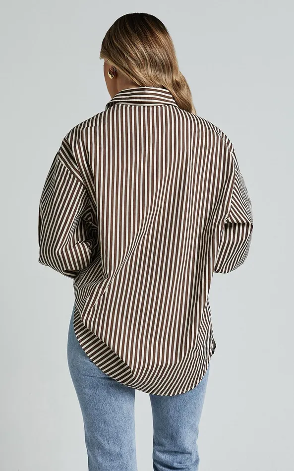 Showpo Jaycey Shirt 8211 Long Sleeve Pocket Detail Shirt In Brown Stripe Women Curve Clothes