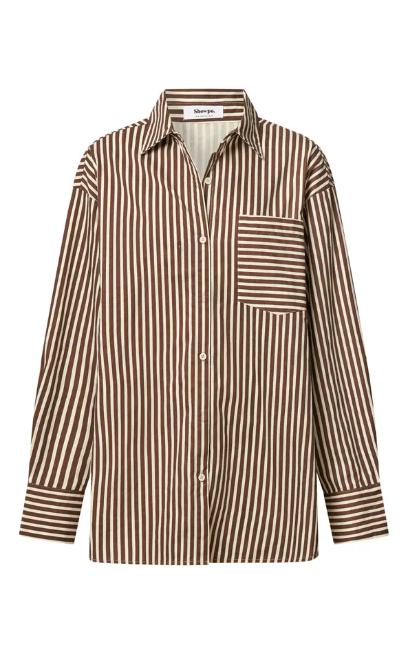 Showpo Jaycey Shirt 8211 Long Sleeve Pocket Detail Shirt In Brown Stripe Women Curve Clothes