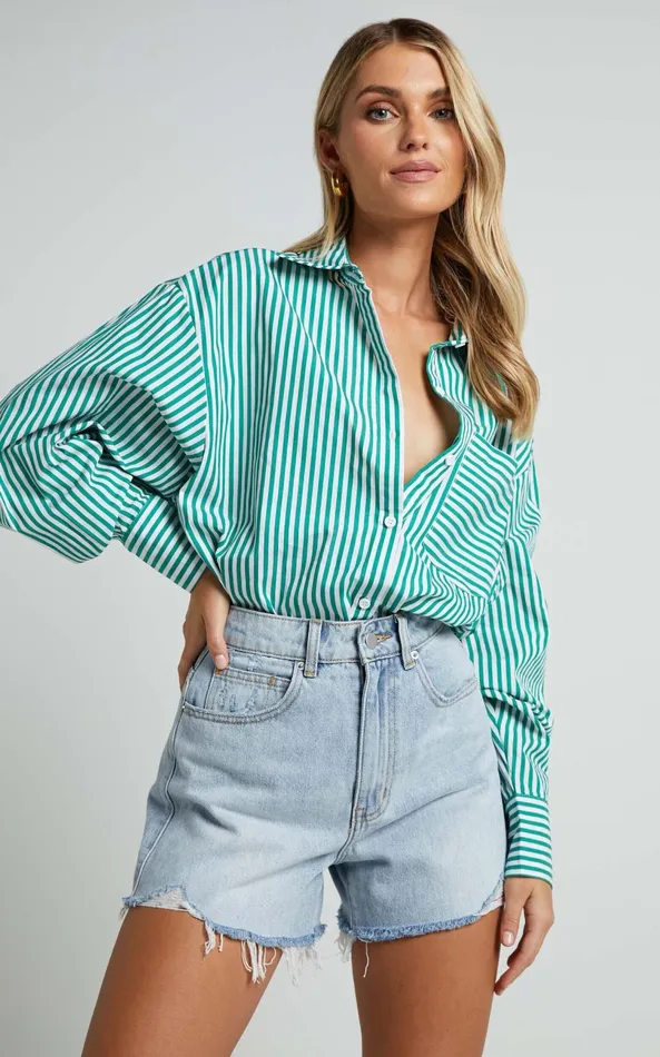 Showpo Jaycey Shirt 8211 Long Sleeve Pocket Detail Shirt In Green Stripe Women Curve Clothes