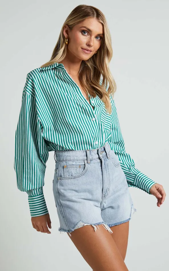 Showpo Jaycey Shirt 8211 Long Sleeve Pocket Detail Shirt In Green Stripe Women Curve Clothes