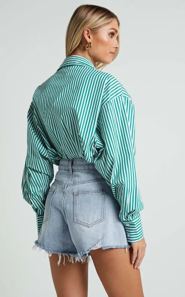 Showpo Jaycey Shirt 8211 Long Sleeve Pocket Detail Shirt In Green Stripe Women Curve Clothes
