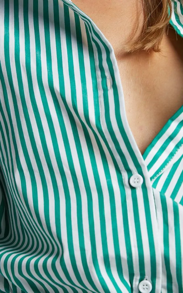 Showpo Jaycey Shirt 8211 Long Sleeve Pocket Detail Shirt In Green Stripe Women Curve Clothes