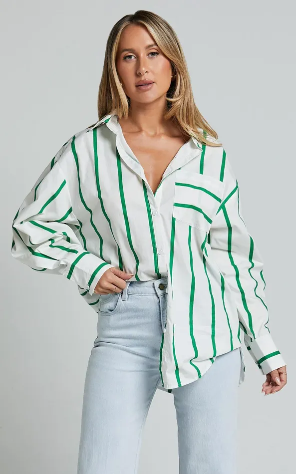 Showpo Jaycey Shirt 8211 Long Sleeve Pocket Detail Shirt In WHITE AND GREEN STRIPE Women Tops Showpo Jaycey Shirt 8211 Long Sleeve Pocket Detail Shirt In WHITE AND GREEN STRIPE Women Tops
