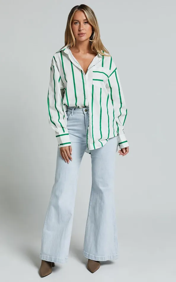 Showpo Jaycey Shirt 8211 Long Sleeve Pocket Detail Shirt In WHITE AND GREEN STRIPE Women Tops