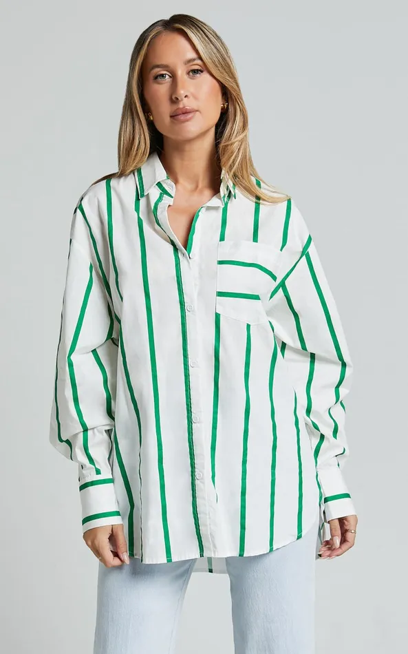 Showpo Jaycey Shirt 8211 Long Sleeve Pocket Detail Shirt In WHITE AND GREEN STRIPE Women Tops
