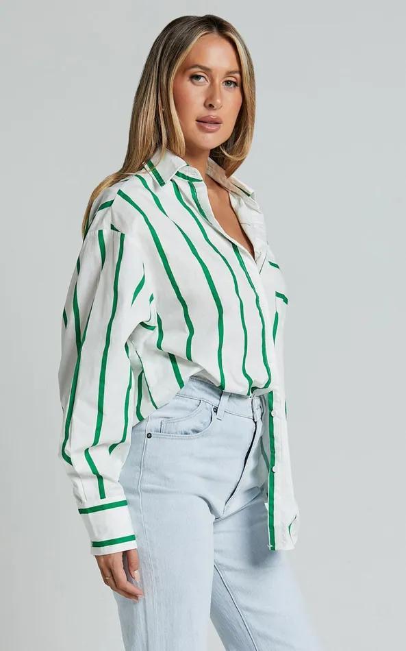 Showpo Jaycey Shirt 8211 Long Sleeve Pocket Detail Shirt In WHITE AND GREEN STRIPE Women Tops