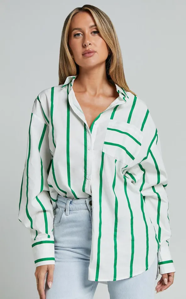 Showpo Jaycey Shirt 8211 Long Sleeve Pocket Detail Shirt In WHITE AND GREEN STRIPE Women Tops