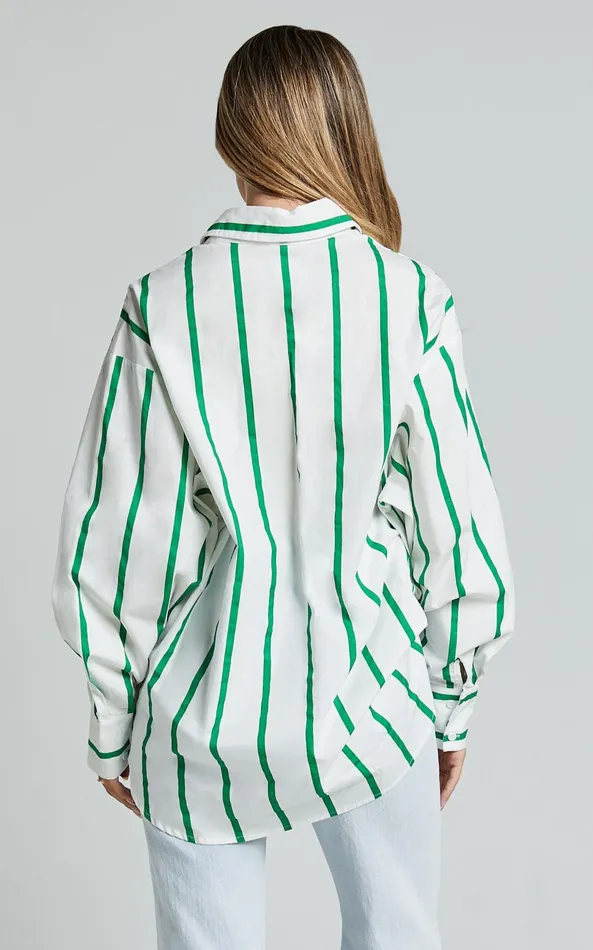 Showpo Jaycey Shirt 8211 Long Sleeve Pocket Detail Shirt In WHITE AND GREEN STRIPE Women Tops