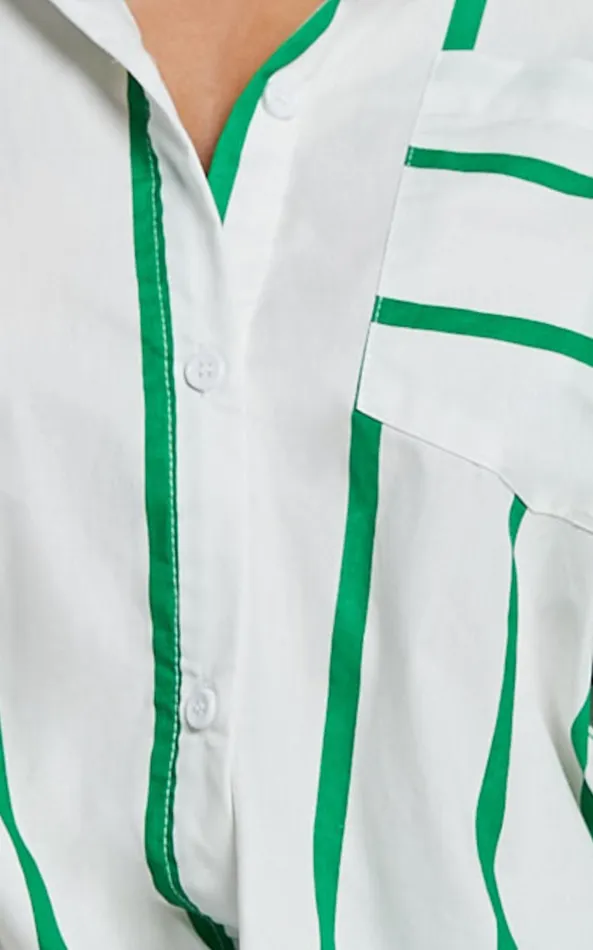 Showpo Jaycey Shirt 8211 Long Sleeve Pocket Detail Shirt In WHITE AND GREEN STRIPE Women Tops