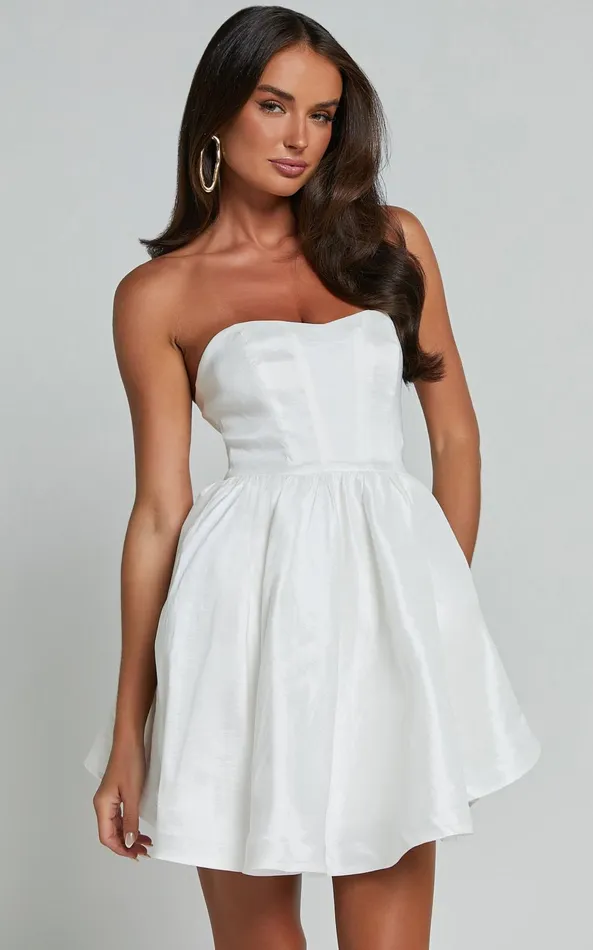Showpo Jayde Mini Dress 8211 Strapless Sweetheart Fit And Flare Dress In White Women Dresses