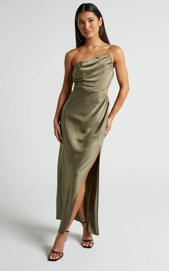 Showpo Jaylani Midi Dress 8211 One Shoulder Thigh Split Gathered Satin Dress In Dark Olive Women Dresses Showpo Jaylani Midi Dress 8211 One Shoulder Thigh Split Gathered Satin Dress In Dark Olive Women Dresses