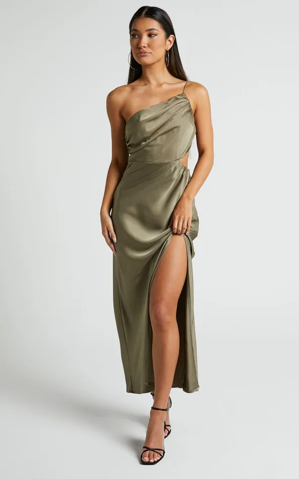 Showpo Jaylani Midi Dress 8211 One Shoulder Thigh Split Gathered Satin Dress In Dark Olive Women Dresses