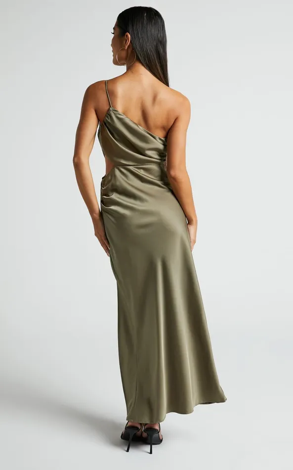 Showpo Jaylani Midi Dress 8211 One Shoulder Thigh Split Gathered Satin Dress In Dark Olive Women Dresses