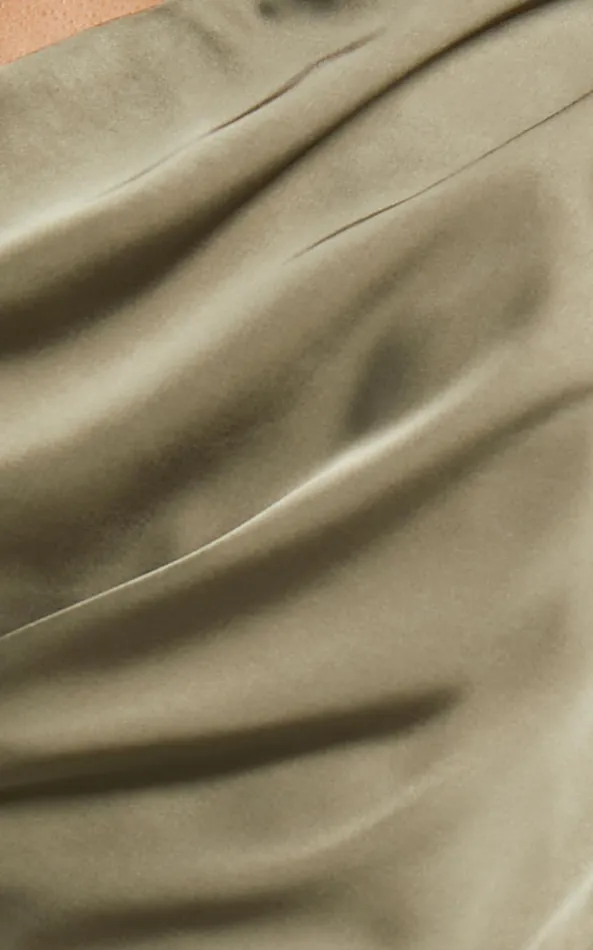 Showpo Jaylani Midi Dress 8211 One Shoulder Thigh Split Gathered Satin Dress In Dark Olive Women Dresses