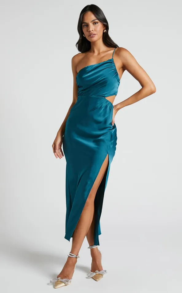 Showpo Jaylani Midi Dress 8211 One Shoulder Thigh Split Gathered Satin Dress In Teal Women Dresses Showpo Jaylani Midi Dress 8211 One Shoulder Thigh Split Gathered Satin Dress In Teal Women Dresses
