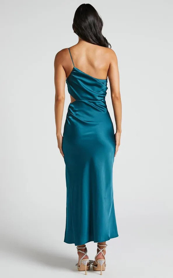 Showpo Jaylani Midi Dress 8211 One Shoulder Thigh Split Gathered Satin Dress In Teal Women Dresses
