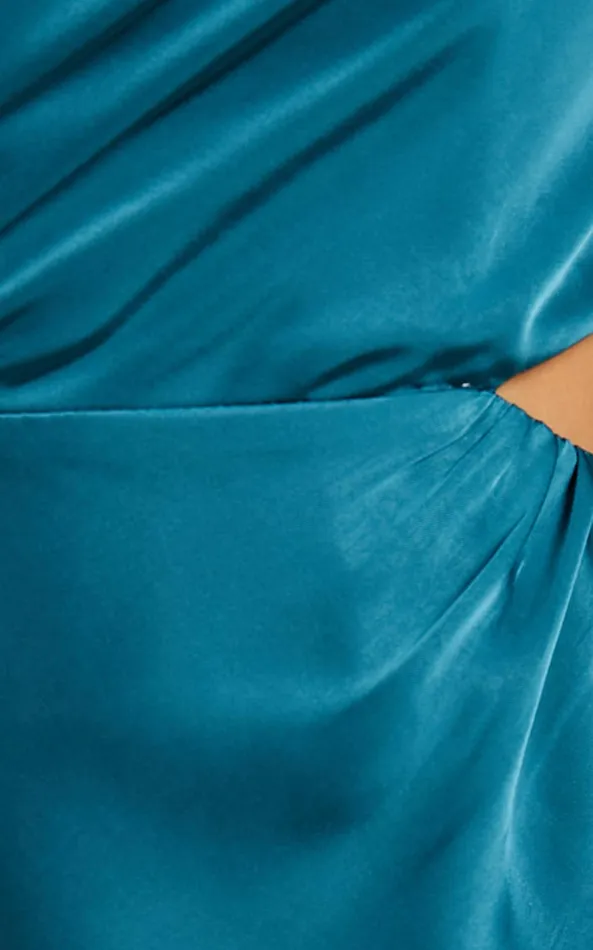 Showpo Jaylani Midi Dress 8211 One Shoulder Thigh Split Gathered Satin Dress In Teal Women Dresses