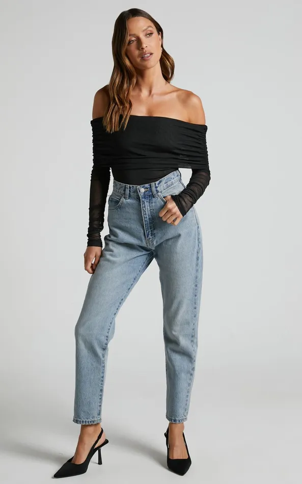 Showpo Jaythen Bodysuit 8211 Long Sleeve Off Shoulder Ruched Mesh Bodysuit In Black Women Tops