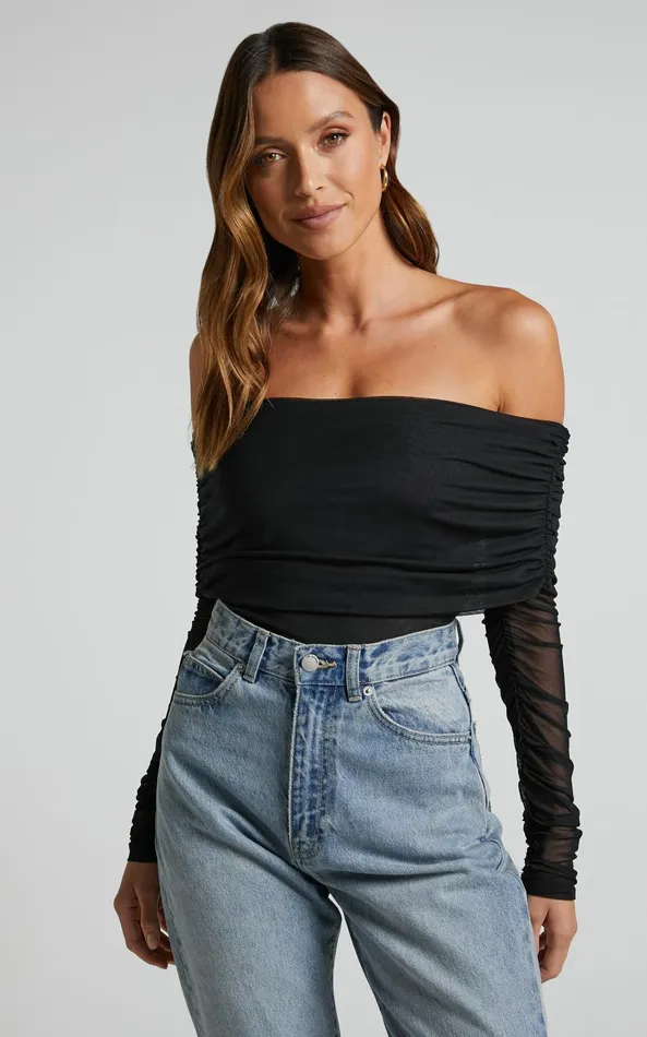 Showpo Jaythen Bodysuit 8211 Long Sleeve Off Shoulder Ruched Mesh Bodysuit In Black Women Tops