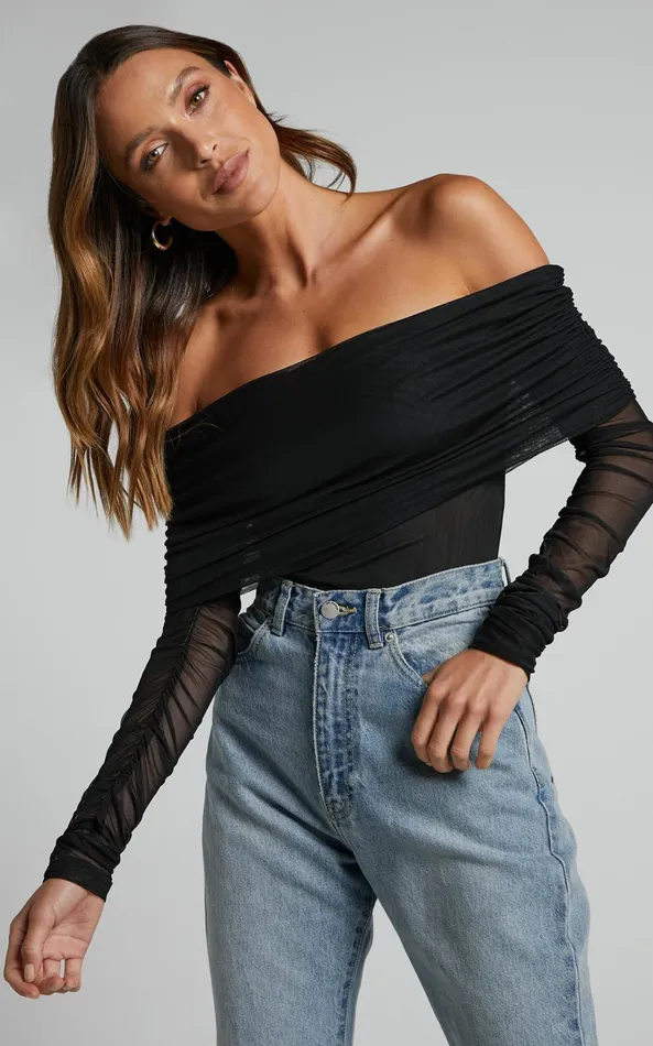 Showpo Jaythen Bodysuit 8211 Long Sleeve Off Shoulder Ruched Mesh Bodysuit In Black Women Tops