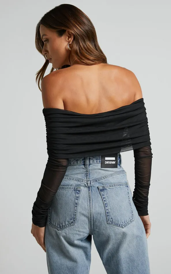 Showpo Jaythen Bodysuit 8211 Long Sleeve Off Shoulder Ruched Mesh Bodysuit In Black Women Tops