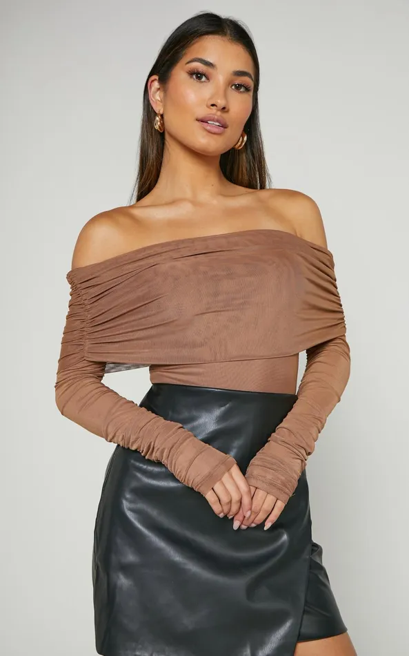 Showpo Jaythen Bodysuit 8211 Long Sleeve Off Shoulder Ruched Mesh Bodysuit In Mocha Women Tops