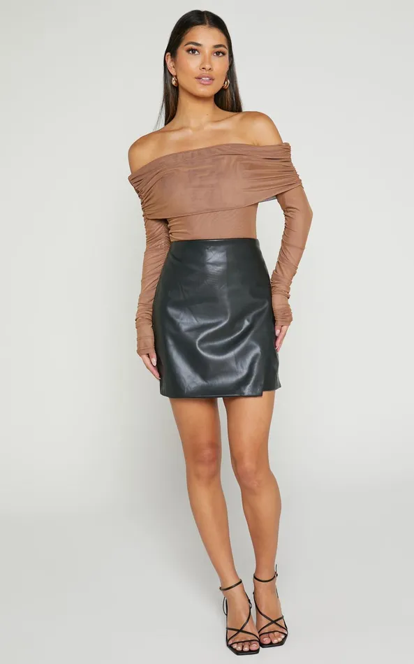 Showpo Jaythen Bodysuit 8211 Long Sleeve Off Shoulder Ruched Mesh Bodysuit In Mocha Women Tops