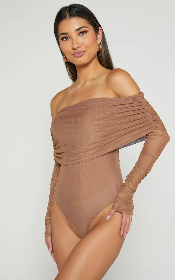 Showpo Jaythen Bodysuit 8211 Long Sleeve Off Shoulder Ruched Mesh Bodysuit In Mocha Women Tops