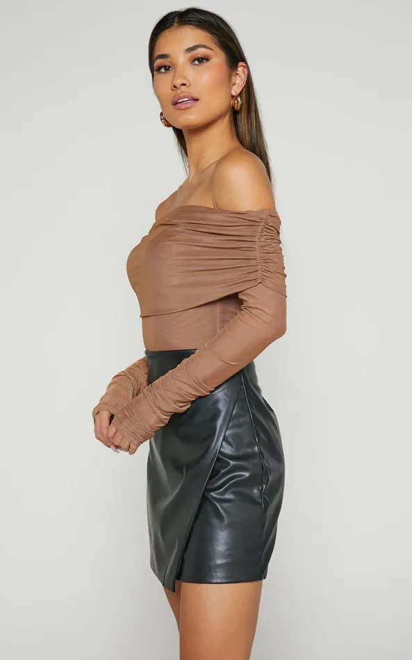 Showpo Jaythen Bodysuit 8211 Long Sleeve Off Shoulder Ruched Mesh Bodysuit In Mocha Women Tops